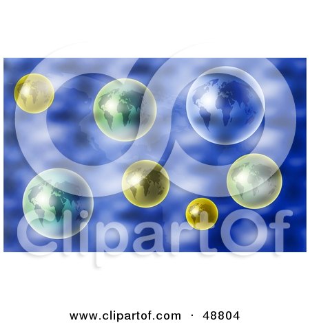 Royalty-Free (RF) Clipart Illustration of a Dark Blue Atlas Background With Globes by Prawny