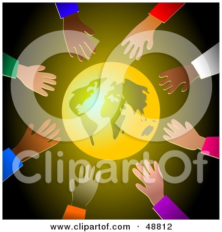 Royalty-Free (RF) Clipart Illustration of a Shining Gold Globe Surrounded By Diverse Reaching Hands by Prawny