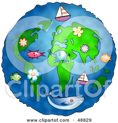 Royalty-Free (RF) Clipart Illustration of Animals, Flowers, Boats And Whales Over A Globe by Prawny