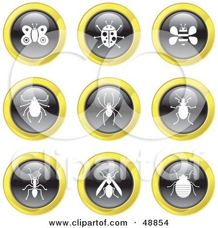 Royalty-Free (RF) Clipart Illustration of a Digital Collage Of Black, White And Yellow Insect Icons by Prawny