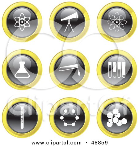 Royalty-Free (RF) Clipart Illustration of a Digital Collage Of Black, White And Yellow Science Icons by Prawny