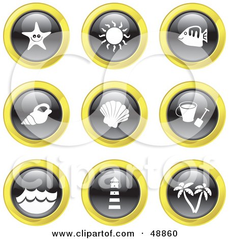 Royalty-Free (RF) Clipart Illustration of a Digital Collage Of Black, White And Yellow Beach Icons by Prawny