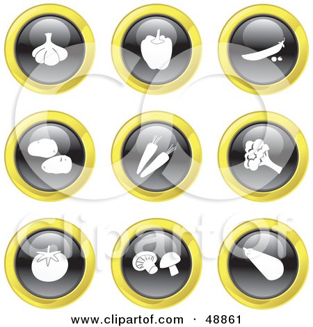 Royalty-Free (RF) Clipart Illustration of a Digital Collage Of Black, White And Yellow Vegetable Icons by Prawny