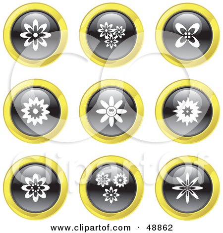 Royalty-Free (RF) Clipart Illustration of a Digital Collage Of Black, White And Yellow Flower Icons by Prawny