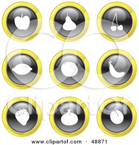 Royalty-Free (RF) Clipart Illustration of a Digital Collage Of Black, White And Yellow Fruit Icons by Prawny