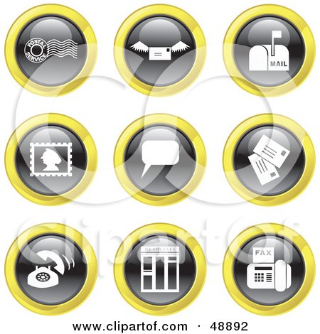 Royalty-Free (RF) Clipart Illustration of a Digital Collage Of Black, White And Yellow Electronic And Common Communication Icons by Prawny