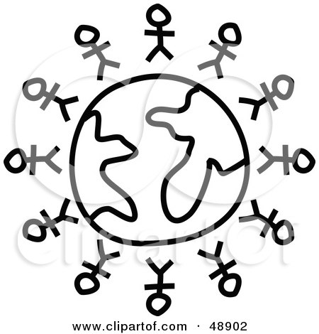 Royalty-Free (RF) Clipart Illustration of Black And White Stick People Standing Around A Globe by Prawny
