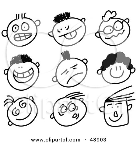 Royalty-Free (RF) Clipart Illustration of a Digital Collage Of Black And White Expressive Stick People Faces by Prawny
