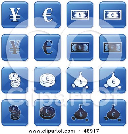 Royalty-Free (RF) Clipart Illustration of a Digital Collage Of Square Blue, Black And White Currency Icons by Prawny
