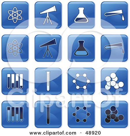 Royalty-Free (RF) Clipart Illustration of a Digital Collage Of Square Blue, Black And White Science Icons by Prawny