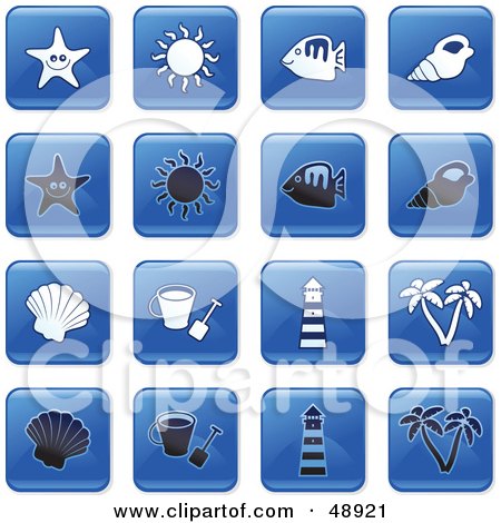 Royalty-Free (RF) Clipart Illustration of a Digital Collage Of Square Blue, Black And White Beach Icons by Prawny