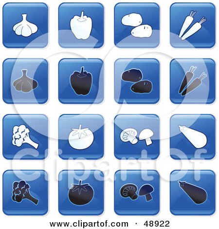 Royalty-Free (RF) Clipart Illustration of a Digital Collage Of Square Blue, Black And White Veggie Icons by Prawny