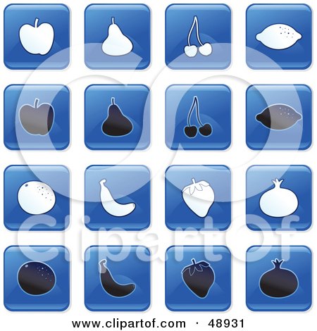 Royalty-Free (RF) Clipart Illustration of a Digital Collage Of Square Blue, Black And White Fruit Icons by Prawny