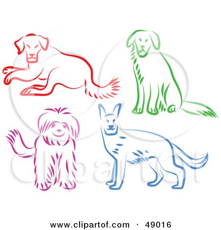 Royalty-Free (RF) Clipart Illustration of a Digital Collage Of Red, Green, Pink And Blue Dogs by Prawny