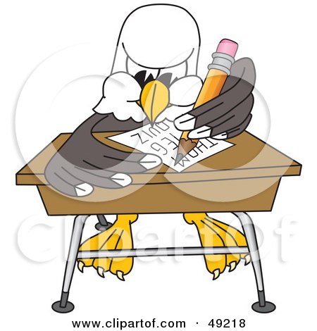 Royalty-Free (RF) Clipart Illustration of a Bald Eagle Character Student Taking a Quiz by Mascot Junction