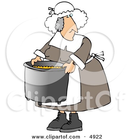Elderly Obese Pilgrim Woman Cooking with a Metal Kitchen Pot Clipart by djart