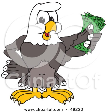 Royalty-Free (RF) Clipart Illustration of a Bald Eagle Character Holding Cash by Mascot Junction