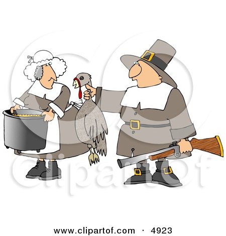 Male Pilgrim Hunter Holding up a Dead Turkey for His Wife to Cook Clipart by djart