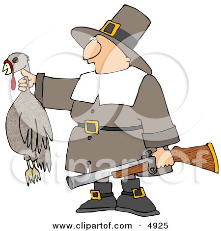 Successful Male Pilgrim Hunter Holding a Dead Turkey and a Gun Clipart by djart