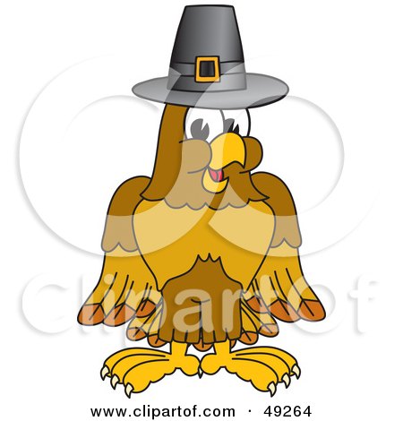 Royalty-Free (RF) Clipart Illustration of a Hawk Mascot Character in a Pilgrim Hat by Mascot Junction