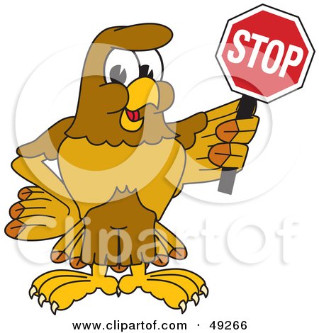 Royalty-Free (RF) Clipart Illustration of a Hawk Mascot Character Holding a Stop Sign by Mascot Junction