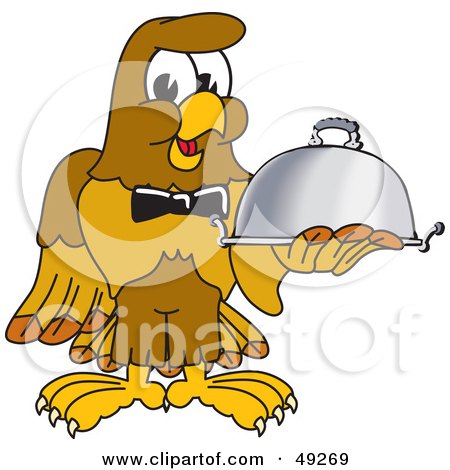 Royalty-Free (RF) Clipart Illustration of a Hawk Mascot Character Serving a Platter by Mascot Junction