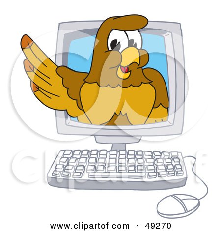 Royalty-Free (RF) Clipart Illustration of a Hawk Mascot Character in a Computer by Mascot Junction