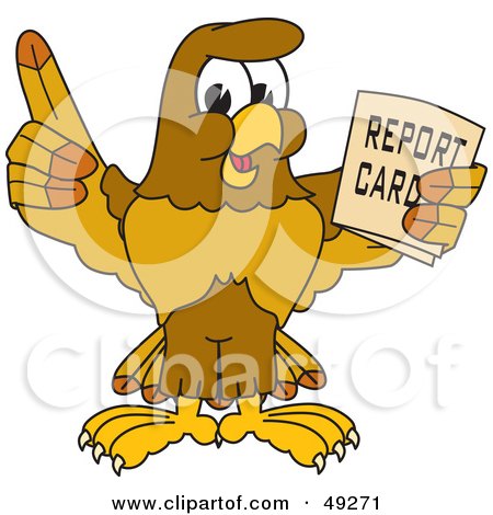 Royalty-Free (RF) Clipart Illustration of a Hawk Mascot Character Holding a Report Card by Mascot Junction
