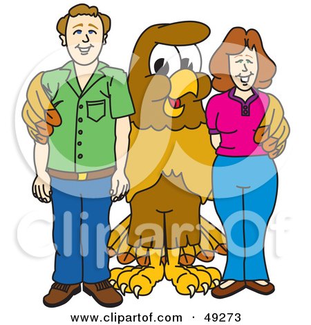 Royalty-Free (RF) Clipart Illustration of a Hawk Mascot Character With Adults by Mascot Junction