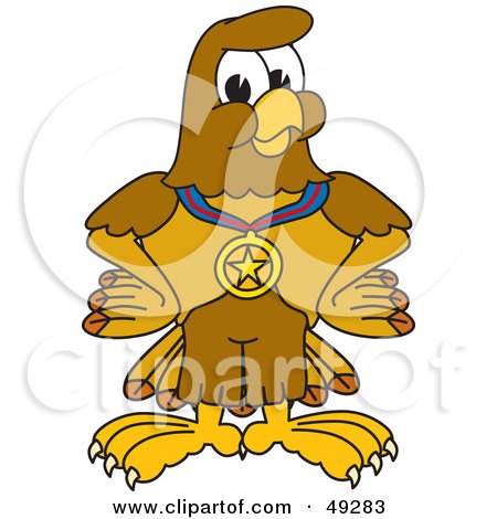 Royalty-Free (RF) Clipart Illustration of a Hawk Mascot Character Wearing a Medal by Mascot Junction