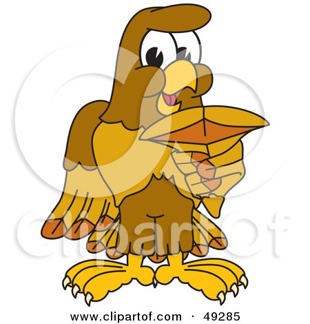 Royalty-Free (RF) Clipart Illustration of a Hawk Mascot Character Holding a Shark Tooth by Mascot Junction