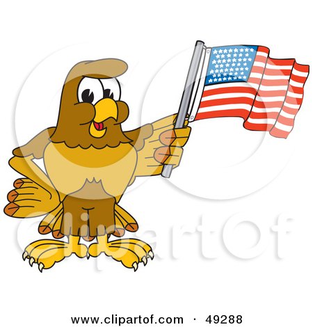 Royalty-Free (RF) Clipart Illustration of a Hawk Mascot Character Waving an American Flag by Mascot Junction
