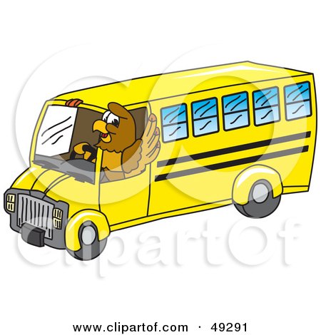Royalty-Free (RF) Clipart Illustration of a Hawk Mascot Character Driving a School Bus by Mascot Junction