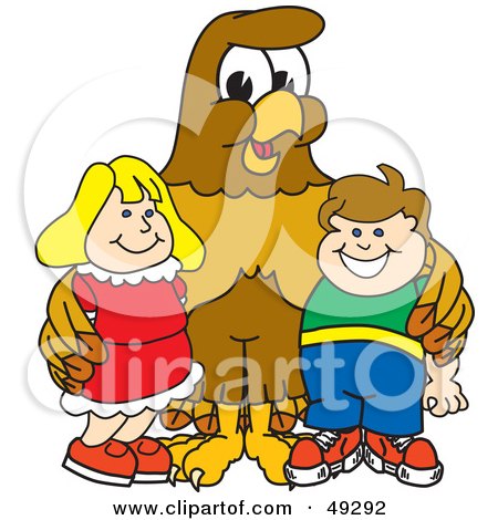 Royalty-Free (RF) Clipart Illustration of a Hawk Mascot Character With Children by Mascot Junction