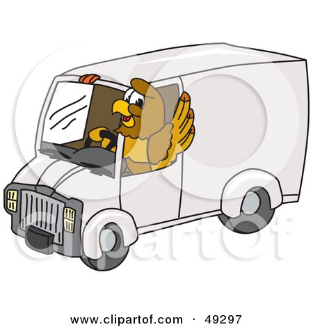 Royalty-Free (RF) Clipart Illustration of a Hawk Mascot Character Driving a Delivery Van by Mascot Junction