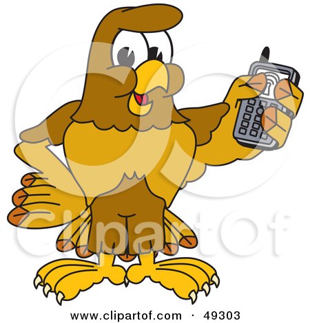 Royalty-Free (RF) Clipart Illustration of a Hawk Mascot Character Holding a Cell Phone by Mascot Junction