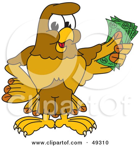 Royalty-Free (RF) Clipart Illustration of a Hawk Mascot Character Holding Cash by Mascot Junction