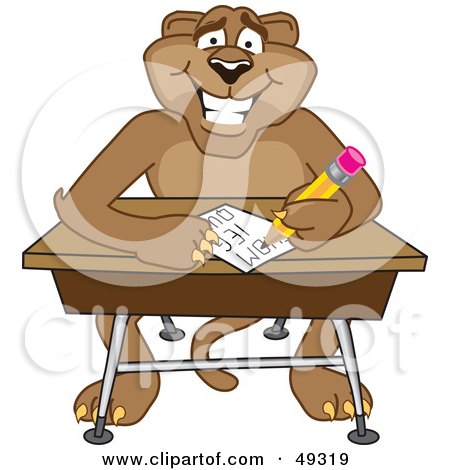 Royalty-Free (RF) Clipart Illustration of a Cougar Mascot Character Taking a Quiz by Mascot Junction