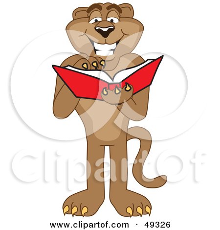 Royalty-Free (RF) Clipart Illustration of a Cougar Mascot Character Reading by Mascot Junction