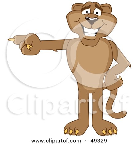 Royalty-Free (RF) Clipart Illustration of a Cougar Mascot Character Pointing Left by Mascot Junction