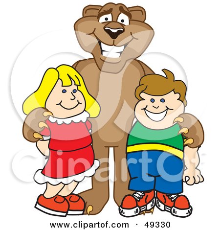 Royalty-Free (RF) Clipart Illustration of a Cougar Mascot Character With Children by Mascot Junction