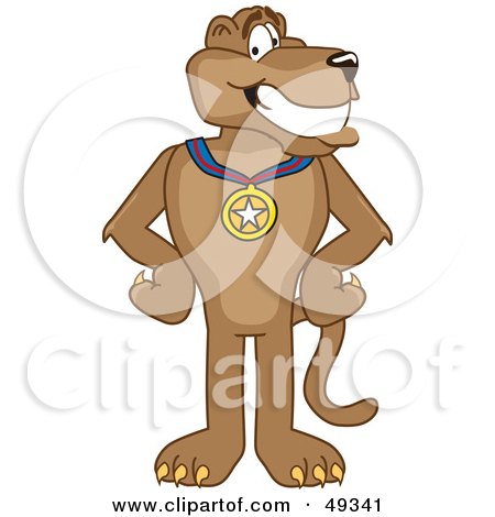 Royalty-Free (RF) Clipart Illustration of a Cougar Mascot Character Wearing a Medal by Mascot Junction