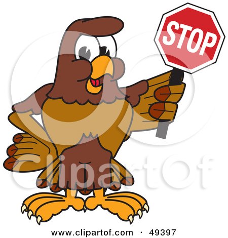 Royalty-Free (RF) Clipart Illustration of a Falcon Mascot Character Holding a Stop Sign by Mascot Junction