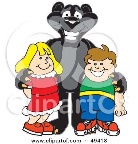 Royalty-Free (RF) Clipart Illustration of a Black Jaguar Mascot Character With Children by Mascot Junction