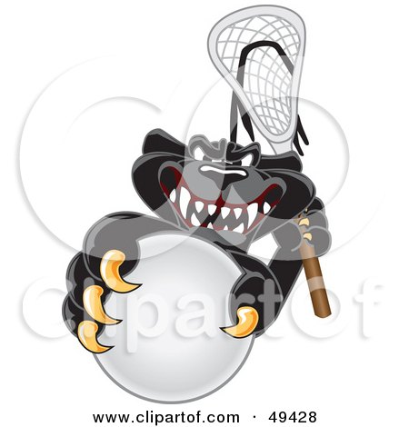 Royalty-Free (RF) Clipart Illustration of a Black Jaguar Mascot Character Playing Lacrosse by Mascot Junction