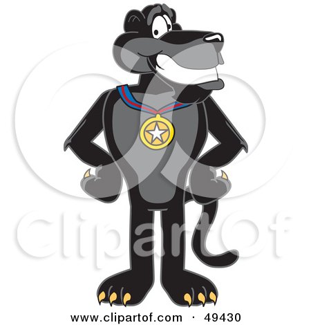 Royalty-Free (RF) Clipart Illustration of a Black Jaguar Mascot Character Wearing a Medal by Mascot Junction