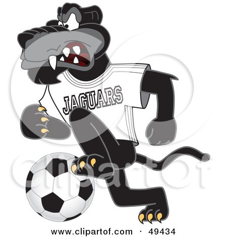 Royalty-Free (RF) Clipart Illustration of a Black Jaguar Mascot Character Kicking a Soccer Ball by Mascot Junction