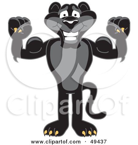 Royalty-Free (RF) Clipart Illustration of a Black Jaguar Mascot Character Flexing His Muscles by Mascot Junction