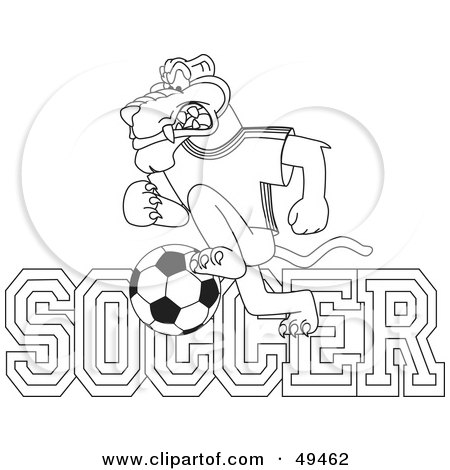 Royalty-Free (RF) Clipart Illustration of an Outline Of A Panther Character Mascot With Soccer Text by Mascot Junction