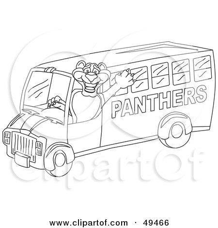Royalty-Free (RF) Clipart Illustration of an Outline Of A Panther Character Mascot School Bus Driver  by Mascot Junction